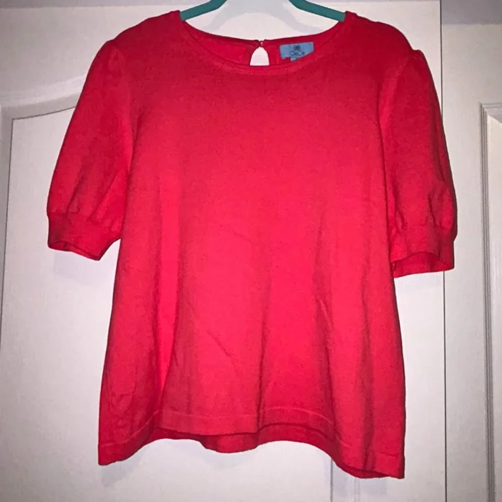 Cece coral pink short puff sleeve sweater top pearl back detail woman's size XL - Picture 3 of 9
